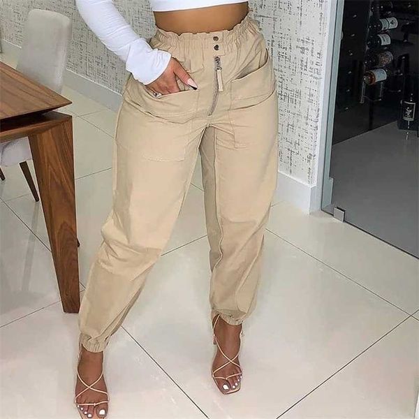 Primavera Estate Casual Donna Pantaloni Cargo Solid High Waish Zipper Button Pocket Design Shirring Dettaglio Pantaloni Harem Per Cool Girl 211115