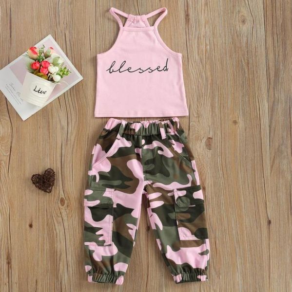 

clothing sets summer kids girl 2pcs clothes set sleeveless letter printed high neck halter vest camouflage long pants children, White