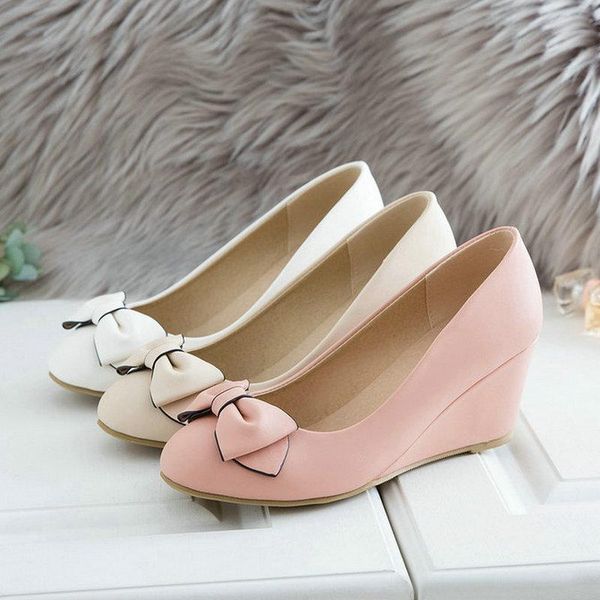 

dress shoes 2021 wedge women pumps fashion butterfly knot shallow high heel round toe slip on lazy, Black