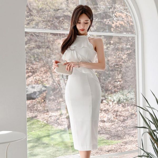 

casual dresses 2021 summer ladies elegant dress halter off shoulder midi wrap bodycon hollow out party white women for wedding vestidos, Black;gray