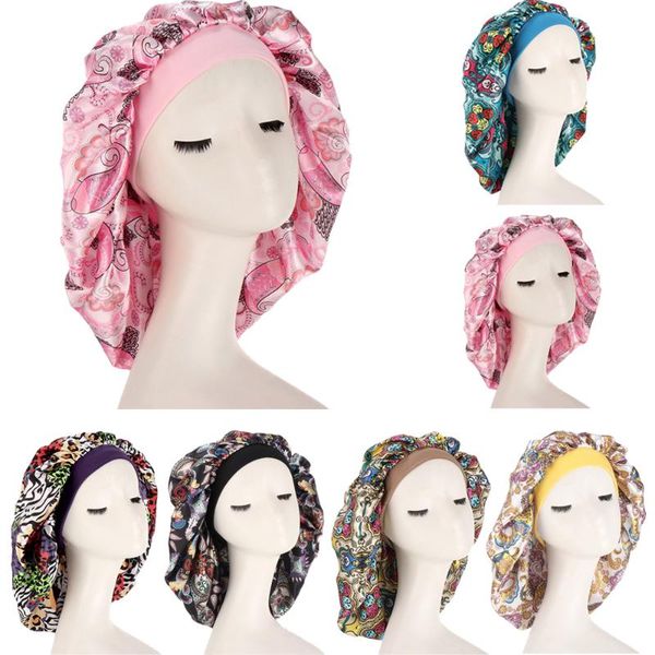 

beanie/skull caps women large satin bonnet silk sleep night cap head cover headwrap hat hair wrap accessories print, Blue;gray