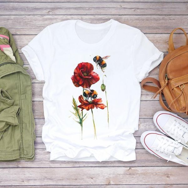 

bee flower elegant floral cute womens t shirt girl 90s fashion graphic ladies lady female tee, White