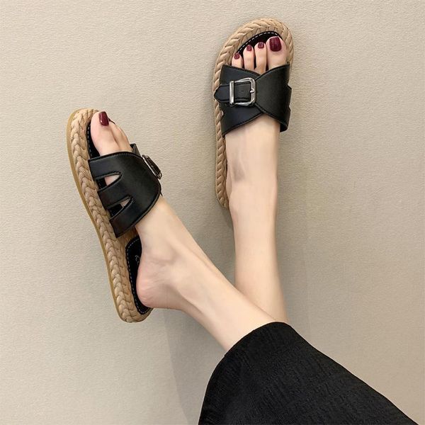 

women summer buckle slippers woman 2021 casual flats ladies comfort home footwear female outdoor beach shoes plus size, Black