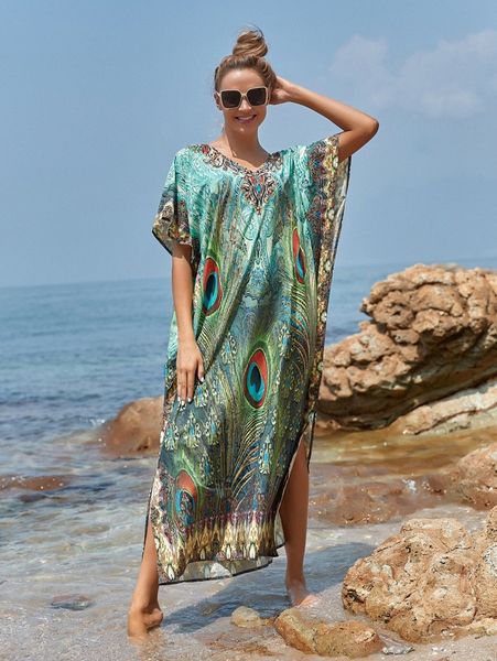 

peacock print cover up p8b3#, White;black