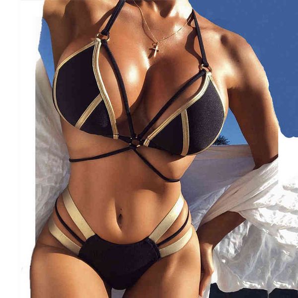 

string bikini push up bronzing halter swimwear female swimsuit bathing suit women bandeau brazilian thong bikinis set, White;black