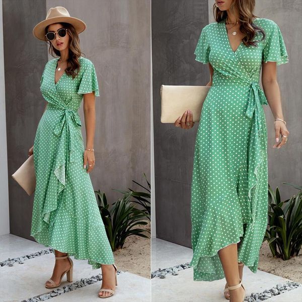 

summer maxi polka dot womens dresses v neck ruffles short sleeve holiday long beach sundress women lace up wrap, Black;gray