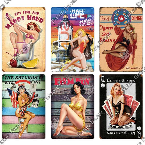 

pin up girl plaque vintage tin metal poster wall decor for bar pub club man cave retro signs