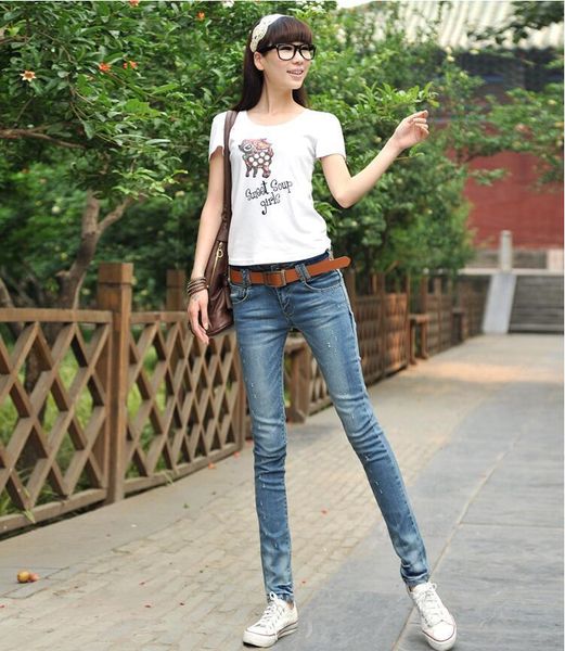 

spring fashion casual women jean plus size brand girls students cotton stretch low skinny pencil jeans clothing, Blue
