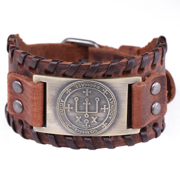 

10pcs/set viking leather bracelet the sigil of the archangel raphael key of solomon magic punk bangle for men pagan symbol jewelry, Slivery;golden