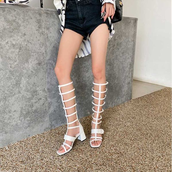 

sandals summer high boots roman buckle belt fashion 2021 women's shoes square toe casual knee-length, Black
