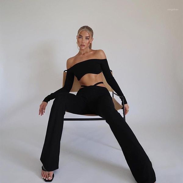 

black sport sets women long sleeve one-shoulder slim crop pullovers high waist wide leg trouser running 2pcs jogger suits women's track, Gray