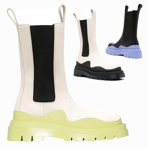 

2021 man white+fruit green soles bottega boot fashion luxury tire leather chelsea booties men platform chunky shoes lady knight high-boots w, Black
