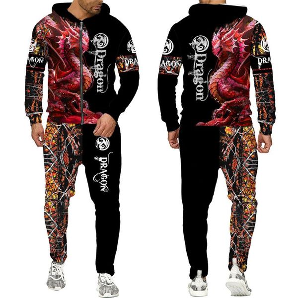 

jogging clothing 2021 tattoo dragon 3d printed tracksuits mens hoodies sweatshirt streetwear zipper pullover casual suits sport sets, Black;red
