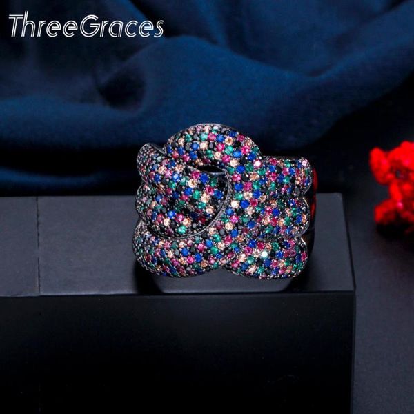 

threegraces personality colorful cz black gold big geometry wedding engagement rings for women finger jewelry accessories rg142 cluster, Golden;silver