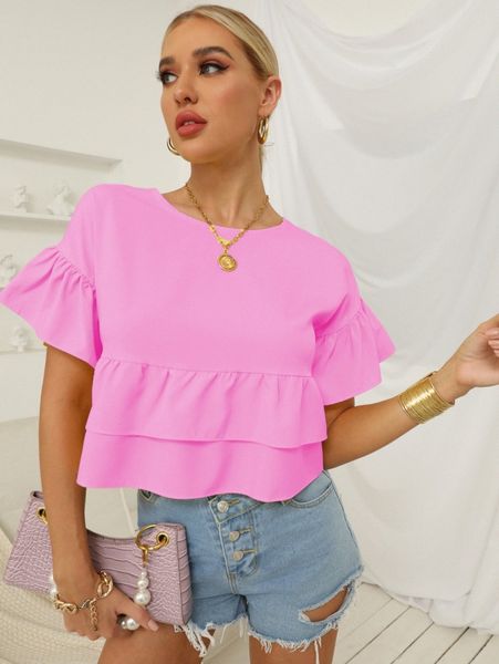 

flounce sleeve layered ruffle hem blouse 38ej#, White