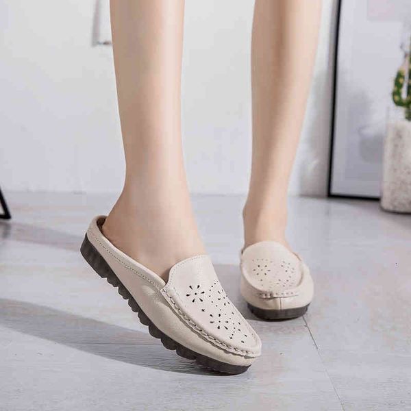 

sandals solid women summer slippers flip flops cutout genuine leather flat ladies slip on flats clogs shoes woman, Black