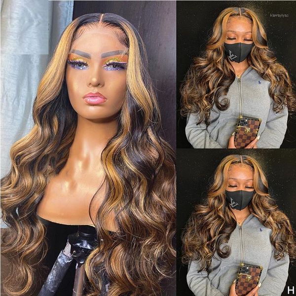 

highlight color soft long body wavy transparent 13*4/6 lace front human scalp closure wigs for women with baby hair1, Black;brown