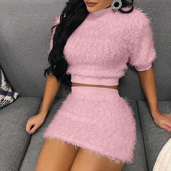 

two piece set sweater women dress pencil skirt suit short sleeve fleece crop bodycon 2 pieces knitted clothes, White