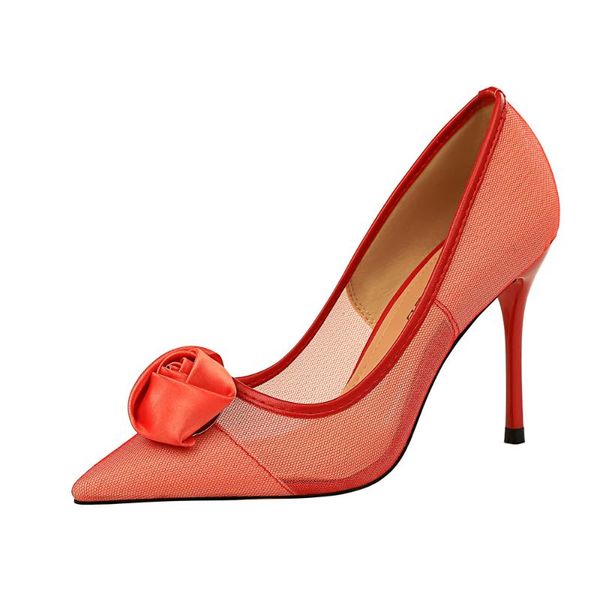 

fashion nightclubs slim stiletto high heeled mesh openwork satin rose flower shoes pointed toe pumps g0002 dress, Black