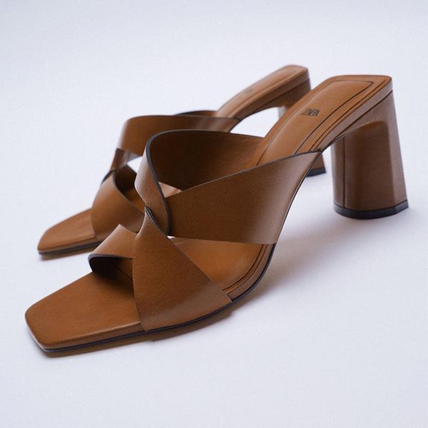 

sandals women's high heel 2021 summer shoes square brown thick leather, Black