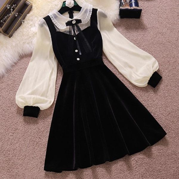

casual dresses women autumn 2021 design long sleeve collar lace patchwork slim dress high waist velvet elegant, Black;gray