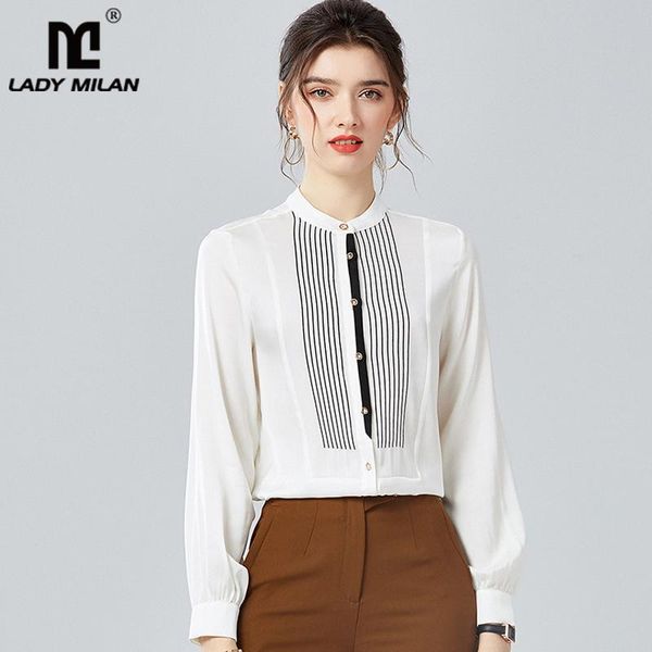 

100% silk women's shirt o neck long sleeves striped color block fashion casual blouse blouses & shirts, White