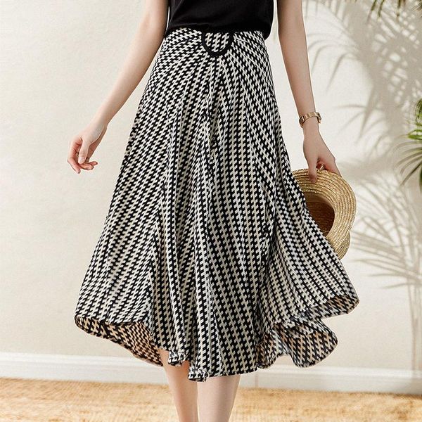 

skirts summer 2021 black and white contrast print slim belt buckle skirt women's mid length a-line umbrella skirt[delivery within