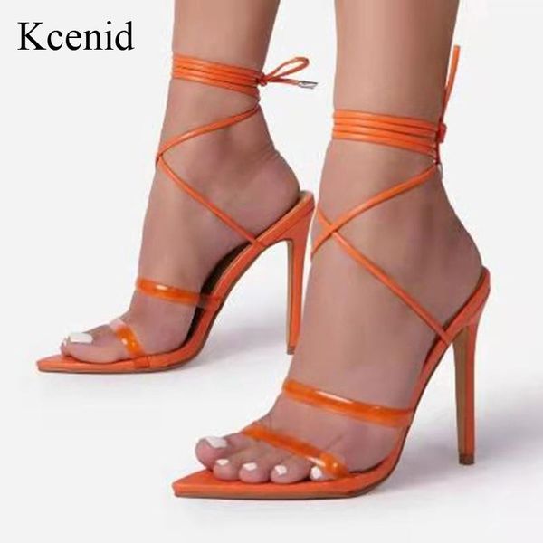 

sandals kcenid fresh orange lace up for women summer high heels shoes pointed toe party dress pumps big size 41 42, Black