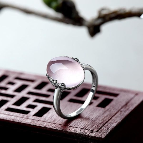 

cluster rings real pure ring silver 925 simple fashion oval shape rose quartz womens jewellery natural stone elegant fine jewelry anillo muj, Golden;silver