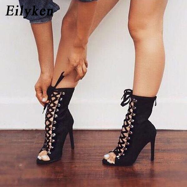 

eilyken chains rope sandals strappy high heel gladiator sandals women lace up ankle strap women shoes dress shoes 12cm c0410, Black
