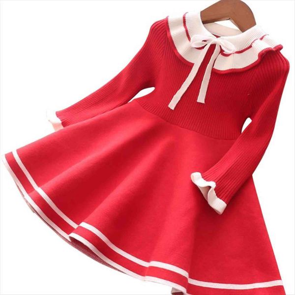 

girls knitted sweater autumn and girl dress winter thick warm sweet lace bow, Red;yellow