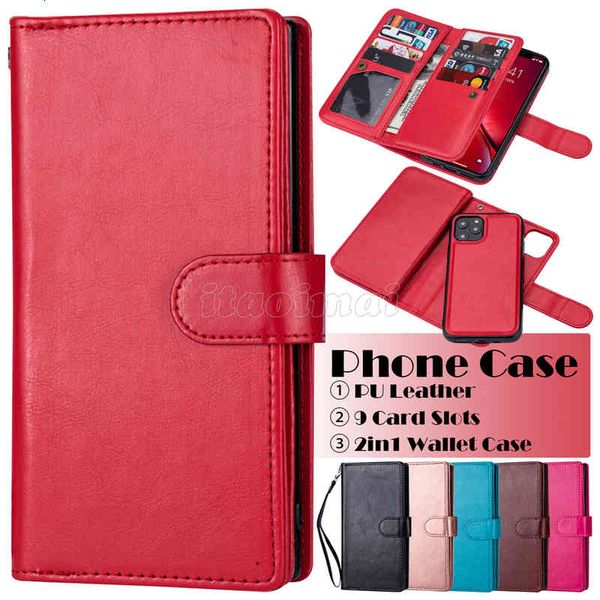 

pu leather phone cases for iphone 13 12 11 pro x xr xs max 7 8 plus, 9 card slots 2in1 car-mounted magnetic wallet flip kickstand cover case