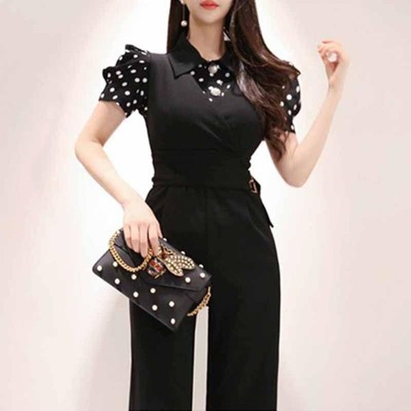 

two piece dress summer casual women set fashion dot print short sleeve blouse + black high waist slim jumpsuit women's, White