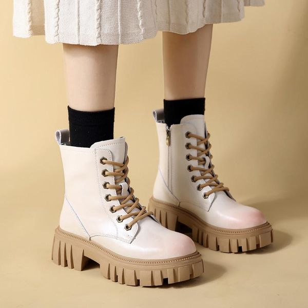 

boots med heel rock shoes woman zipper round toe boots-women ladies white autumn flat ankle lolita 2021 basic pu pvc solid lace, Black
