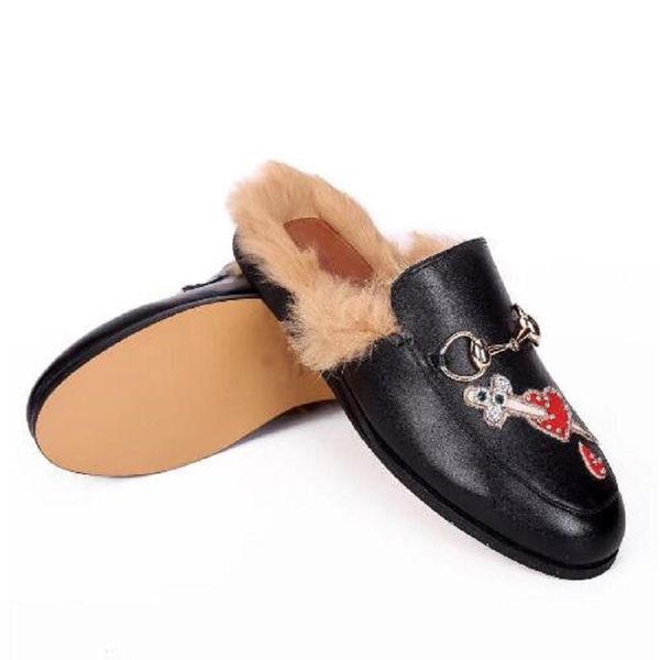 

classic men women slippers shoe warm wool male half slipper authentic soft cowhide flat bottom metal buckle scuffs with box