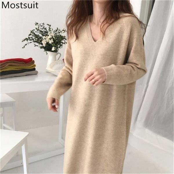 

korean loose straight v-neck knitted long maxi dress women sleeve solid simple chic sweater dresses vestidos winter 210513, Black;gray