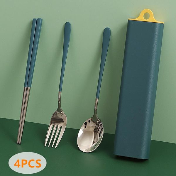 

4pcs/set portable stainless steel lunch fork chopsticks spoon travel cutlery kits kitchen tableware flatware sets