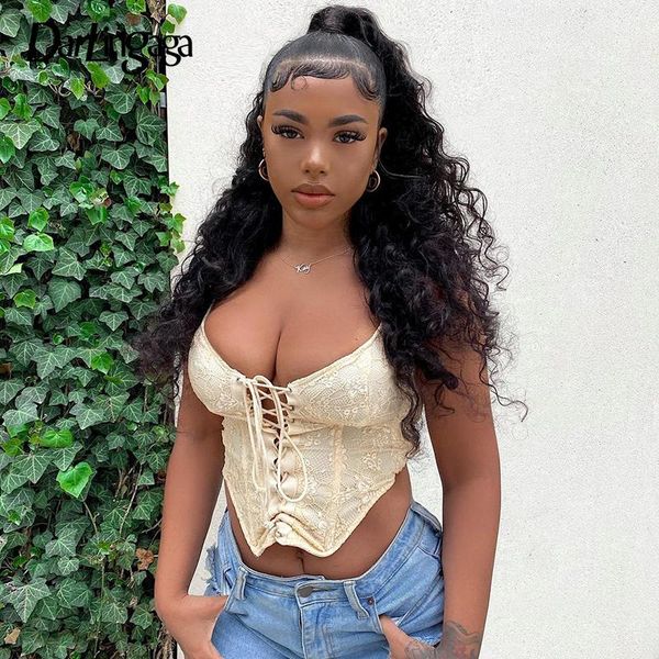 

women's tanks & camis darlingaga fashion strap tie up bow lace ladies bandage corset backless club party summer crop bralette, White