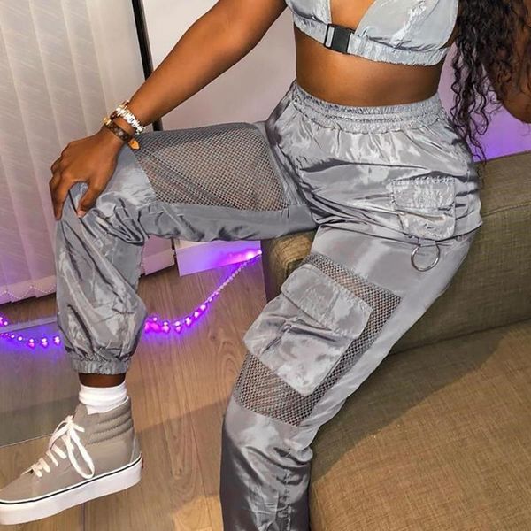 

women's pants & capris silver gothic streetwear woman casual mesh patchwork high waist trousers hippie joggers women clothes 2021 sprin, Black;white