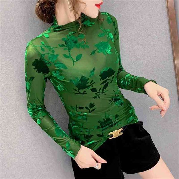 

autumn fashion lady transparent mesh pullovers women bodycone mesh t shirts femme velour t shirt 210401, White