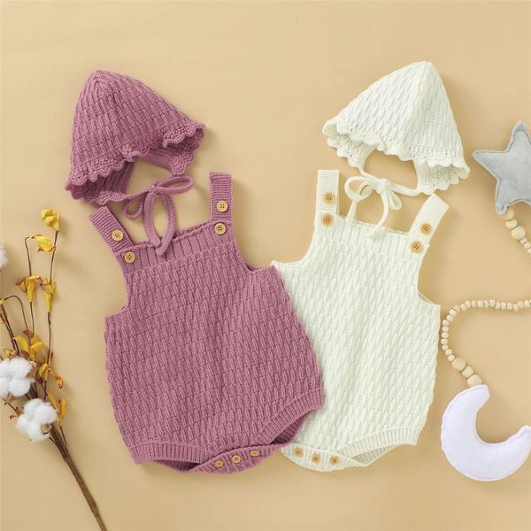 

2pcs baby knit romper girls boys sleeveless triangle crotch button one-piece sweater rompers with solid windbreak hat jumpsuits, Blue