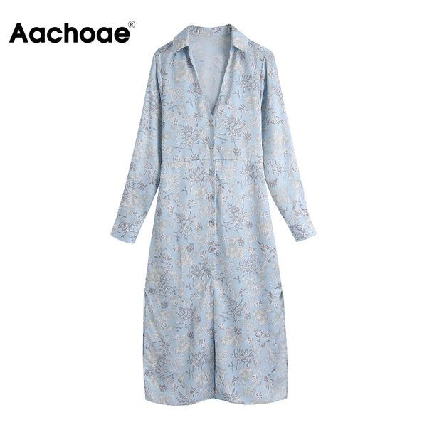 

aachoae women floral printed vintage shirt dresses with belt long sleeve elegant split dress turn down collar office midi dress 210413, Black;gray