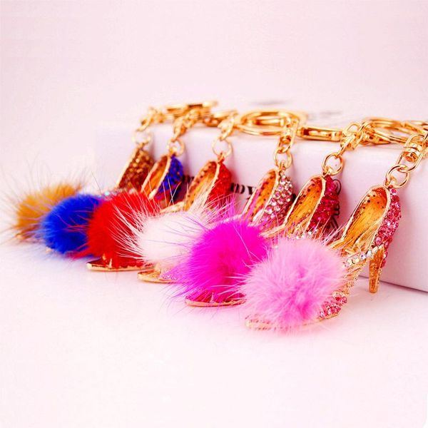 

keychains creative cute crystal furry ball high heels car key chain women's bag accessories ring metal pendant, Silver