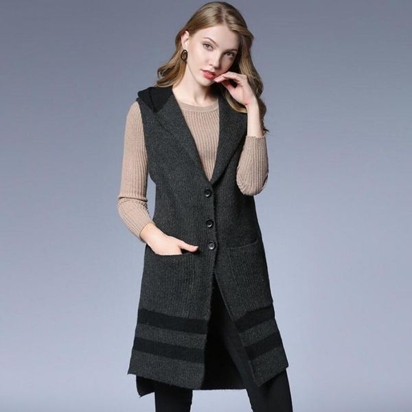 

women's vests jry autumn fashion european sleeveless outerwear women hooded stripe side slit knit casual with pockets, Black;white
