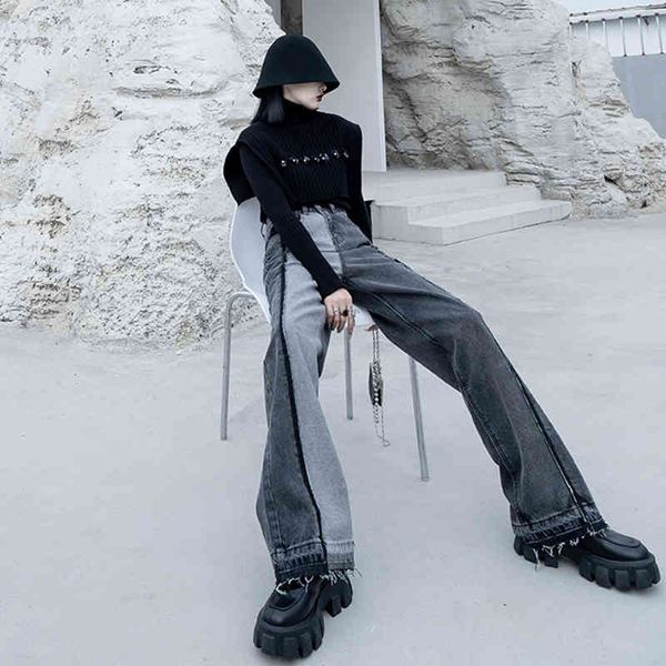 

women's jeans [eam] contrast color spliced high waist wide leg denim loose women trousers fashion spring autumn 2022 1de4732 yc5r, Blue