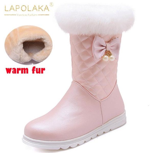 

boots lapolaka 2021 snow women shoes warm plush sweet bowtie comfy ins platform luxury stylish winter ladies ngw2, Black