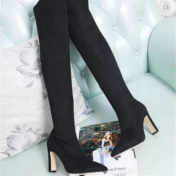 

boots women solid color genuine leather knee hight female shoe autumn winter pointed toe velvet, Black