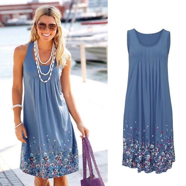 

casual dresses 2021 summer sleeveless o-neck dress cotton printed draped loose flower fashion bohemian style, Black;gray