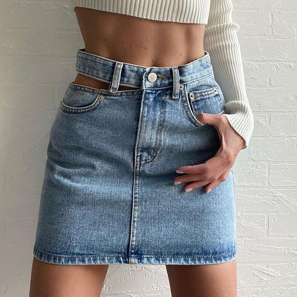 Dünne Streetwear A-linie Bleistift Jean Frauen Mini Rock Cut-Out Sexy Hohe Taille Denim Röcke Bodycon Sommer