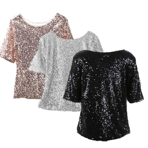 

women's t-shirt glistening sequins t-shirts short sleeve fashion, White